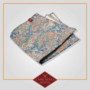 Azure and Apricot Paisley Patterned Pocket Square