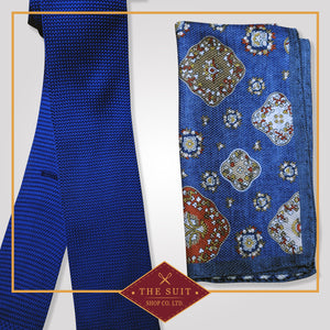 Catalina Blue Knit Tie and Azure Patterned Pocket Square