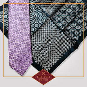 Purple Mountain Patterned Tie and Blue Charcoal Patterned Pocket Square