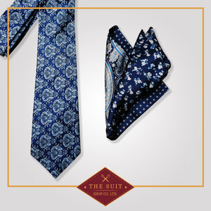 Catalina Blue Patterned Tie and Deep Cove Patterned Pocket Square