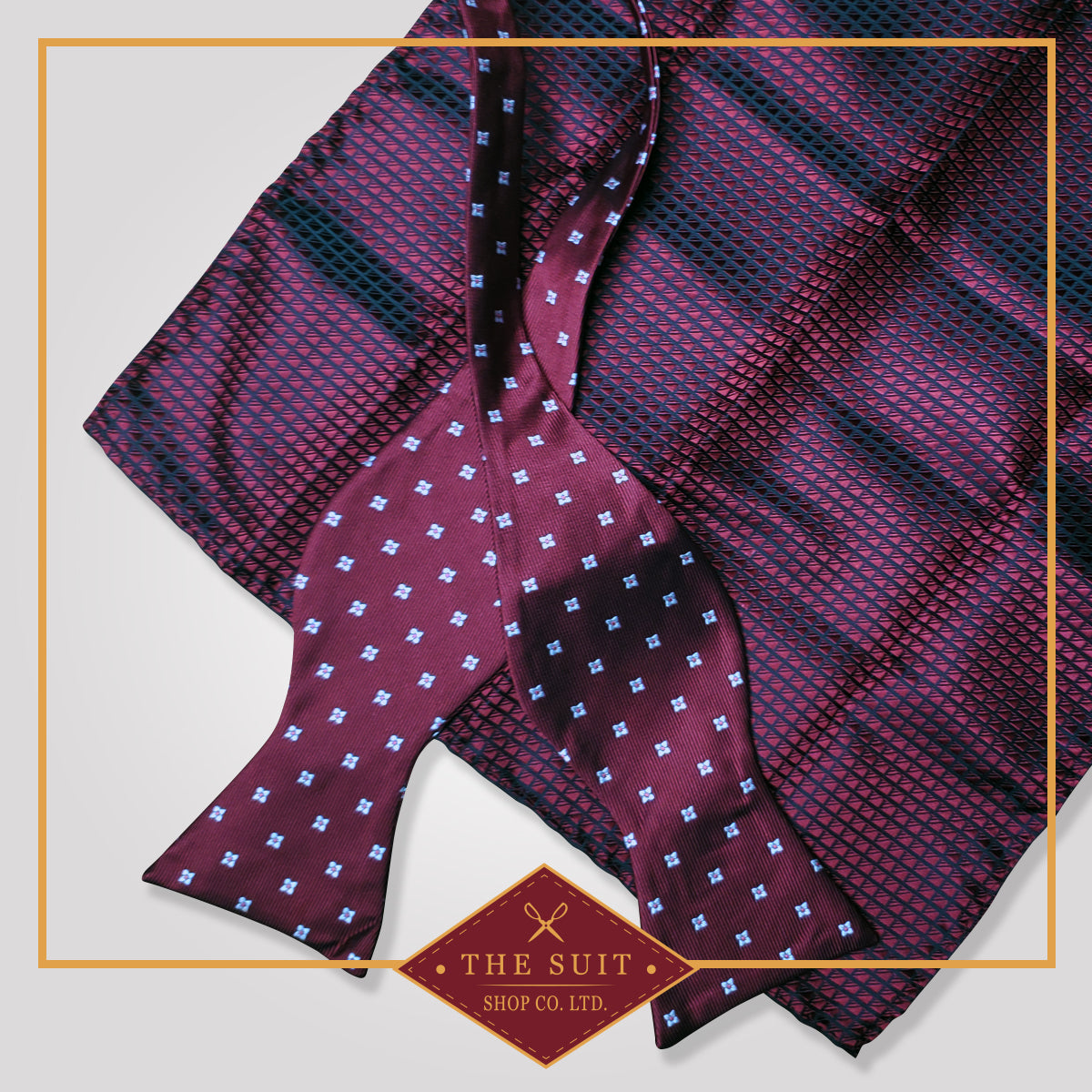 Mulberry Wood Bow Tie and Mulberry Check Pocket Square